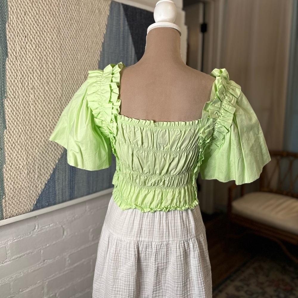 Zara Green Ruffle Statement Sleeve Ruched Blouse - Picture 7 of 8